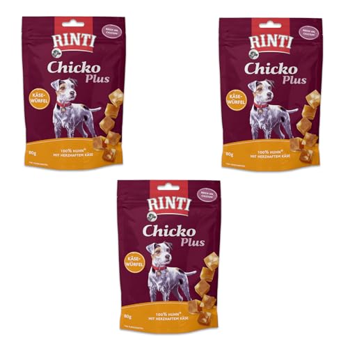 Rinti Chicko Plus Käse Würfel | 3er Pack | 3 x 80 g | Leckerli für Hunde | Hühnerbrustfilet mit herzhaften Käsestückchen | Schonend luftgetrocknet ohne Zusatzstoffe von Rinti