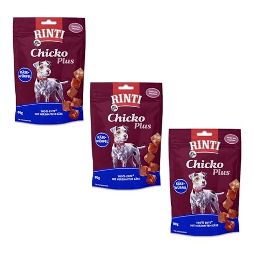 Rinti Chicko Plus Käsewürfel Ente für Hunde | 3er Pack | 3 x 80 g | Schonend luftgetrocknetes Entenbrustfilet | Im praktischen wiederverschließbaren Beutel von Rinti