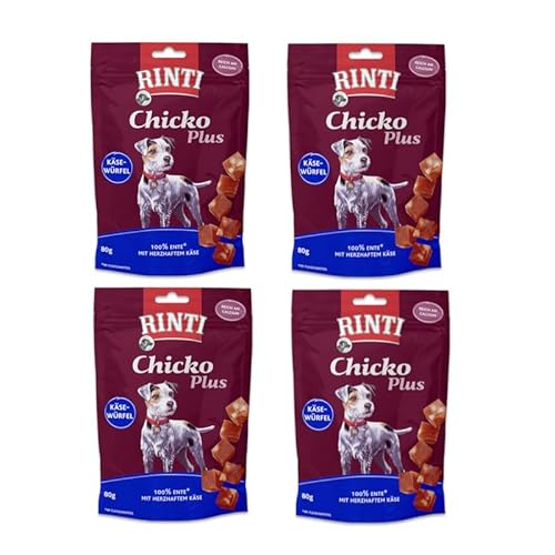 Rinti Chicko Plus Käsewürfel Ente für Hunde | 4er Pack | 4 x 80 g | Schonend luftgetrocknetes Entenbrustfilet | Im praktischen wiederverschließbaren Beutel von Rinti