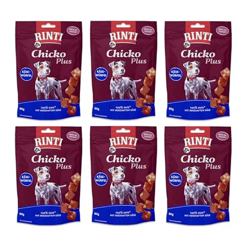 Rinti Chicko Plus Käsewürfel Ente für Hunde | 6er Pack | 6 x 80 g | Schonend luftgetrocknetes Entenbrustfilet | Im praktischen wiederverschließbaren Beutel von Rinti