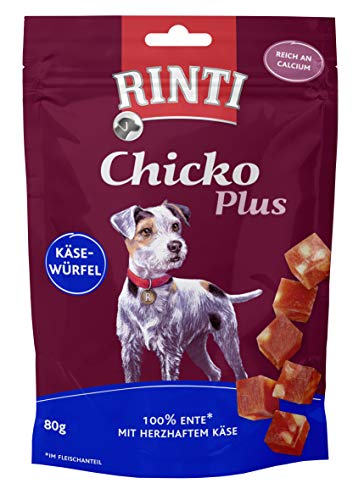 Rinti Chicko Plus Käsewürfel Ente für Hunde | Doppelpack | 2 x 80 g | Schonend luftgetrocknetes Entenbrustfilet | Im praktischen wiederverschließbaren Beutel von Rinti