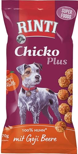 Rinti Chicko Plus Superfoods mit Goji Beeren | 16 x 70 g | Belohnungssnack für Hunde | Hühnerbrustfilet mit Goji Beere | Schonend luftgetrocknet und ohne Soja und Fleischmehle von Rinti