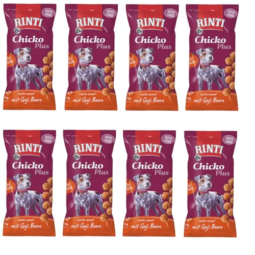 Rinti Chicko Plus Superfoods mit Goji Beeren | 8er Pack | 8 x 70 g | Belohnungssnack für Hunde | Hühnerbrustfilet mit Goji Beere | Schonend luftgetrocknet und ohne Fleischmehle von Rinti