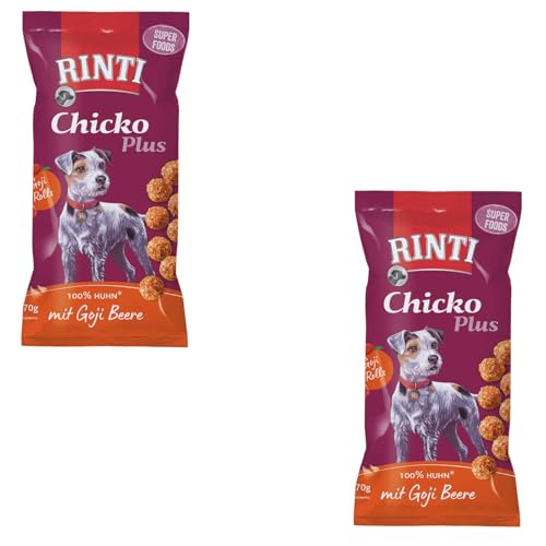 Rinti Chicko Plus Superfoods mit Goji Beeren | Doppelpack | 2 x 70 g | Belohnungssnack für Hunde | Hühnerbrustfilet mit Goji Beere | Schonend luftgetrocknet und ohne Fleischmehle von Rinti