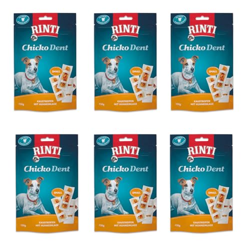 Rinti Extra Chicko Dent Huhn Small | 6er Pack | 6 x 150 g | Ergänzungsfuttermittel für ausgewachsene kleine Hunde | Kaustreifen für die Zahnpflege | Bissfeste Rinderhaut von Rinti