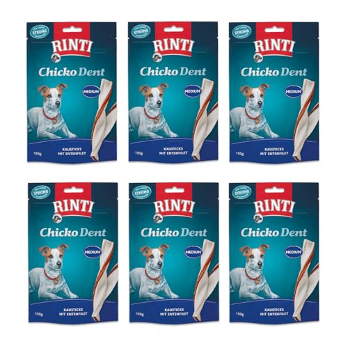 Rinti Extra Chicko Dent Medium Kausticks mit Entenfilet | 6er Pack | 6 x 150 g | Ergänzungsfuttermittel für Hunde | Kaustreifen für die Zahnpflege | Bissfeste Rinderhaut von Rinti