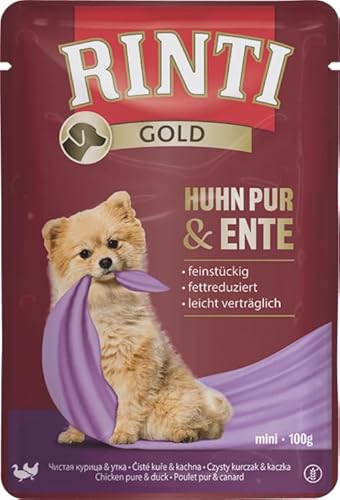 Rinti Gold Mini Huhn Pur & Ente | 10 x 100 g | Alleinfuttermittel für ausgewachsene kleine Hunde | Huhn und Ente für empfindliche Hunde bei Allergien | Im Frischebeutel von Rinti