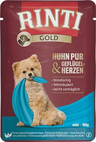 Rinti Gold Mini Huhn Pur & Geflügelherzen | 10 x 100 g | Alleinfuttermittel für ausgewachsene kleine Hunde | Ausschließlich Huhn für empfindliche Hunde bei Allergien | Im Frischebeutel von Rinti