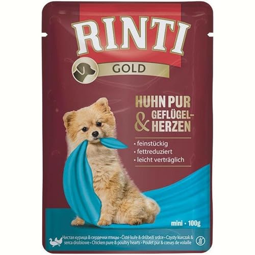 Rinti Gold Mini Huhn Pur & Geflügelherzen | 10 x 100 g | Alleinfuttermittel für ausgewachsene kleine Hunde | Ausschließlich Huhn für empfindliche Hunde bei Allergien | Im Frischebeutel von Rinti