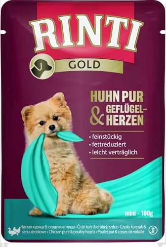 Rinti Gold Mini Huhn Pur & Geflügelherzen | 10 x 100 g | Alleinfuttermittel für ausgewachsene kleine Hunde | Ausschließlich Huhn für empfindliche Hunde bei Allergien | Im Frischebeutel von Rinti