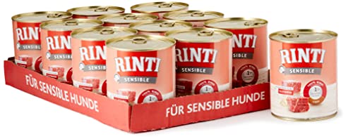 RINTI - Sensible | Nassfutter für sensible, ausgewachsene Hunde mit natürlichen Fleischstücken. Getreidefreies Alleinfutter in der Dose ohne künstliche Zusätze | 12x800g Rind + Reis von Rinti