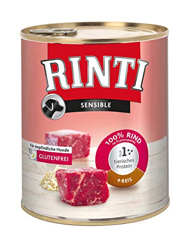 RINTI - Sensible | Nassfutter für sensible, ausgewachsene Hunde mit natürlichen Fleischstücken. Getreidefreies Alleinfutter in der Dose ohne künstliche Zusätze | 12x800g Rind + Reis von Rinti