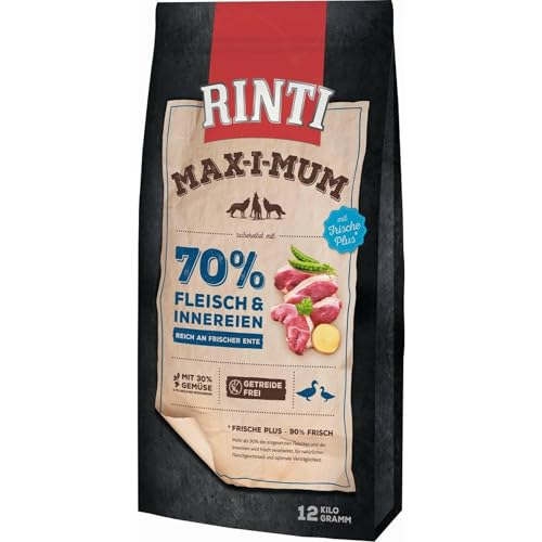 Rinti - Max-i-Mum | Trockenfutter für ausgewachsene Hunde mit 70% Fleisch & Innereien. Getreidefreies Alleinfutter im Beutel mit ausgewogenem Protein-/Fett-Verhältnis | 12kg Ente von Rinti