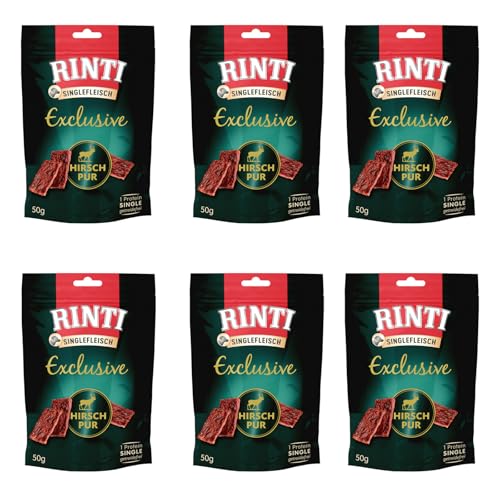 Rinti Singlefleisch Exclusive Snack Hirsch Pur | 6er Pack | 6 x 50 g | Ergänzungsfuttermittel für ausgewachsene Hunde | Ausschließlich Hirsch für empfindliche Hunde bei Allergien von Rinti