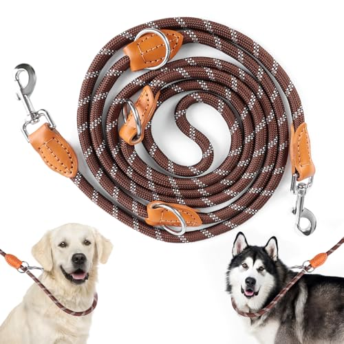 Hundeleine Doppelleine für Große & Mittelgroße Hunde - Verstellbare Hundeleine 3m - Reflektierend Hundeleine mit aus Nylon mit 2 Karabinerhaken und 3 Ringen - Durch die Extreme Kraft bis 200 (Braun) von Rinwywey