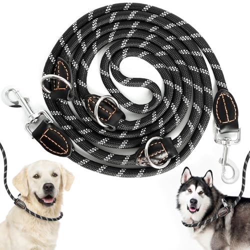 Hundeleine Doppelleine für Große & Mittelgroße Hunde - Verstellbare Hundeleine 3m - Reflektierend Hundeleine mit aus Nylon mit 2 Karabinerhaken und 3 Ringen - Durch die extreme Kraft bis 200 (Schwarz) von Rinwywey