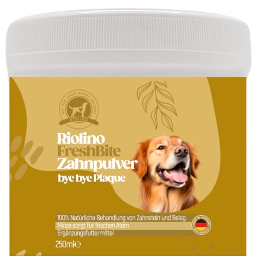 Riolino FreshBite – Natürliche Zahnpflege für Hunde | Effektives Zahnpulber für frischen Atem & gesunde Zähne | Unterstützt Zahnreinigung & reduziert Plaque | hohe Akzeptanz von Riolino mit der Pfote direkt ins Herz