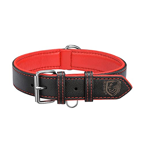 Riparo Echtes Leder Verstellbares Hundehalsband mit Zusätzlicher Verstärkung (M: 2,5CM Breit für 34,3CM - 44,5CM Hals, Schwarz-roter Faden) von Riparo Motorsports