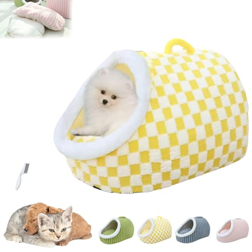 Zentric Cozy Hideaway Pet Bed, Zentric Dog Bed, Pet Bed with Cover Cave, Cozy Pet Hideaway Bed for Dogs, Indoor Pet Nest Bed with Removable Mattress (Yellow Grid * 1PCS, L(23.6 * 17.7 * 13.7inch)) von Ripkegn