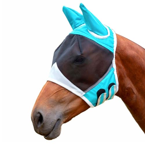 Fliegenmaske für Pferde, super Komfort, Stretch, Elastizität, Fliegenmaske mit Ohren, weiches feines Netz mit UV-Schutz, weich auf der Haut mit Atmungsaktivität (Blaugrün, Cob (Medium)) von Risipu