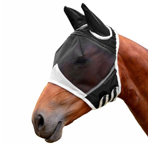 Fliegenmaske für Pferde, super Komfort, Stretch, Elastizität, Fliegenmaske mit Ohren, weiches feines Netz mit UV-Schutz, weich auf der Haut mit Atmungsaktivität (Schwarz, Full (L)) von Risipu