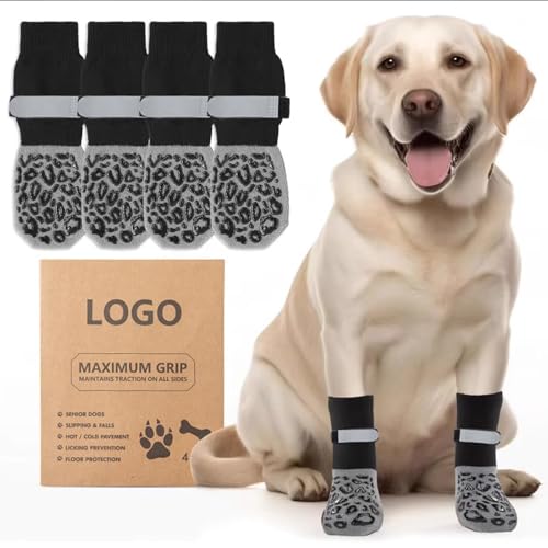 Risipu 4er-Pack Hundesocken Anti Rutsch Pfotenschutz Hund, Katzen Socken Atmungsaktive Hundesocken Leckschutz, Schuhe für Kleine, Mittlere und Große Hunde (schwarzer Leopardendruck, L) von Risipu