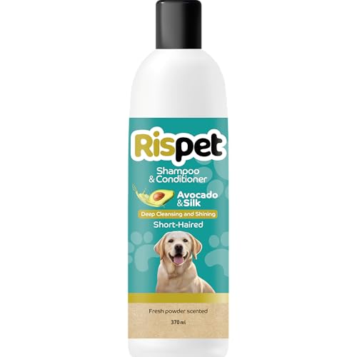 RISPET Shampoo und Spülung, Avocado und Seide, Wasch- und Desinfektionsmittel für Hunde und kurzhaarige Tiere, Zarte Formel ohne Allergene und ausgeglichener pH-Wert, Talkum-Duft, 370 ml von Rispet