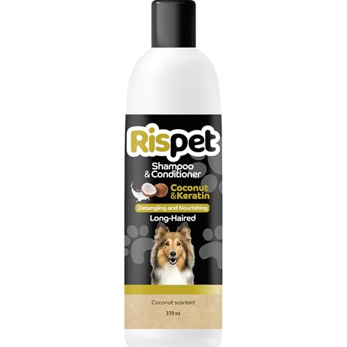 RISPET Shampoo und Spülung, Kokosnuss und Keratin, Reinigungs- und Desinfektionsmittel für Hunde und langhaarige Tiere, Zarte Formel ohne Allergene und ausgeglichener pH-Wert, Kokosnussduft, 370 ml von Rispet