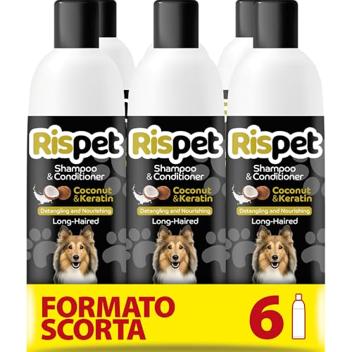 RISPET Shampoo und Spülung, Kokosnuss und Keratin, Reinigungs- und Desinfektionsmittel für Hunde und langhaarige Tiere, Zarte Formel ohne Allergene und ausgeglichener pH-Wert, Kokosnussduft, 6x370 ml von Rispet