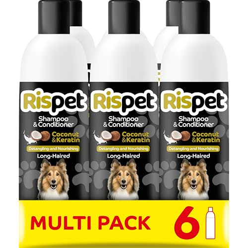 RISPET Shampoo und Spülung, Kokosnuss und Keratin, Reinigungs- und Desinfektionsmittel für Hunde und langhaarige Tiere, Zarte Formel ohne Allergene und ausgeglichener pH-Wert, Kokosnussduft, 6x370 ml von Rispet