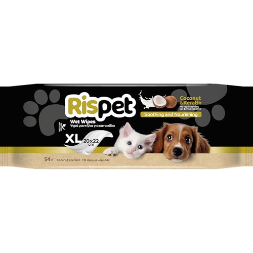 Rispet Hygienische und reinigende Reinigungstücher XL, Kokosnuss und Keratin, für das Fell von Hunden, Katzen und Haustieren, 54 Tücher von Rispet