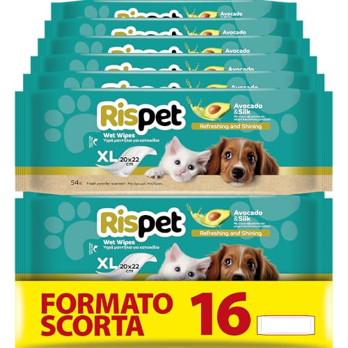 Rispet Hygienische und reinigende Tücher XL, Avocado und Seide, für das Fell von Hunden, Katzen und Haustieren, 864 Tücher von Rispet