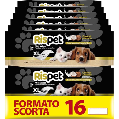 Rispet Hygienische und reinigende Tücher XL, Kokosnuss und Keratin, für das Fell von Hunden, Katzen und Haustieren, 864 Tücher von Rispet