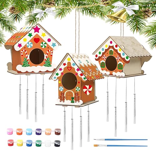 Ristyur Vogelhaus-Set – Windspiel-Sets für Kinder – 12 Farben, 2 Pinsel, 2 Schnur, 3 Liebesholzspäne, unlackiertes Vogel-Windspiel, Bastelhaus von Ristyur