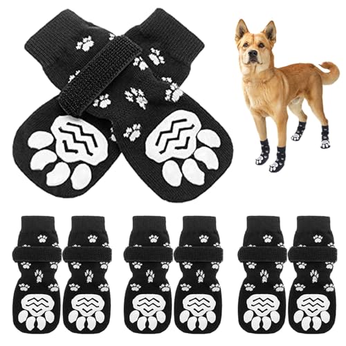 4 Paar Indoor Anti-Rutsch Socken für Hunde - Weicher Verstellbarer Pfotenschutz für Alter Hund mit Riemen Traktionskontrolle,Protectoren Hundesocken für den Innenbereich auf Hartholzböden(L,Schwarz) von Rixotix