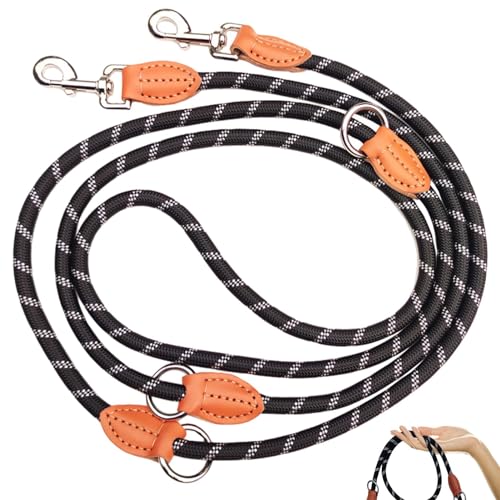 Hundeleine für große und mittelgroße Hunde - Verstellbare Doppelleine aus Nylon mit 2 Karabinerhaken und 3 Ringen, Hundeleine mit reflektierenden Streifen, 3m x 13mm(Schwarz) von Rixotix