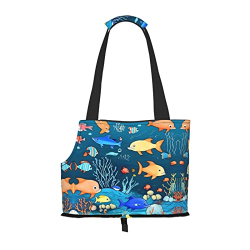 Blue Underwater World of Fish tragbare Haustier-Umhängetasche, idealer Begleiter für Haustiere auf Reisen, Tragfähigkeit 10 kg, Sichtöffnung, Design mit Kragenhaken von RoMuKa