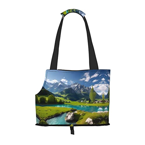 Highland Lake Scenery tragbare Haustier-Umhängetasche, idealer Begleiter für Haustiere auf Reisen, Tragfähigkeit 10 kg, Sichtöffnung, Design mit Kragenhaken von RoMuKa