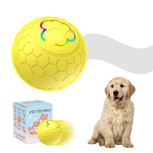 Interaktives Hunde Ball, Automatisch Beweglicher Ball Spielzeug mit LED-Leuchten für Welpen/kleine/mittlere Rassen, USB-aufladbar (Gelb) von Roadoor