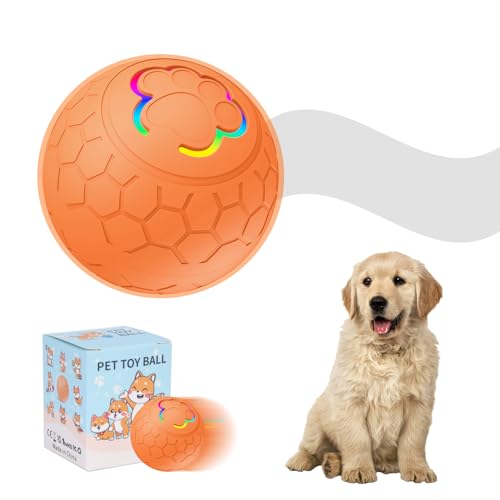 Interaktives Hunde Ball, Automatisch Beweglicher Ball Spielzeug mit LED-Leuchten für Welpen/kleine/mittlere Rassen, USB-aufladbar (Orange) von Roadoor