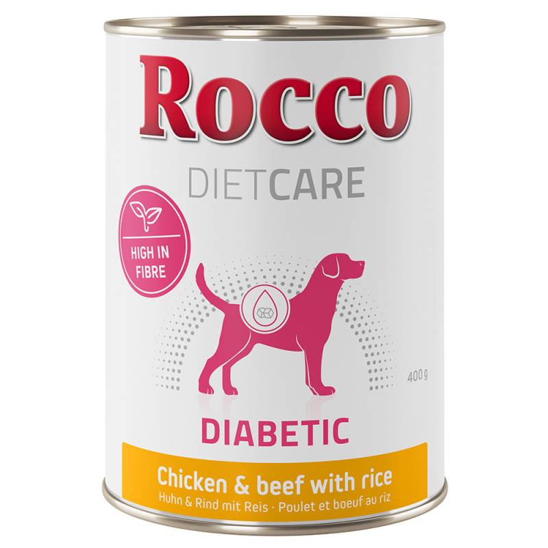 10 % Rabatt! Rocco Diet Care Nassfutter 6 x 400 g und Trockenfutter 1 kg  Nassfutter: Diabetic Huhn & Rind mit Reis 400 g von Rocco Diet Care