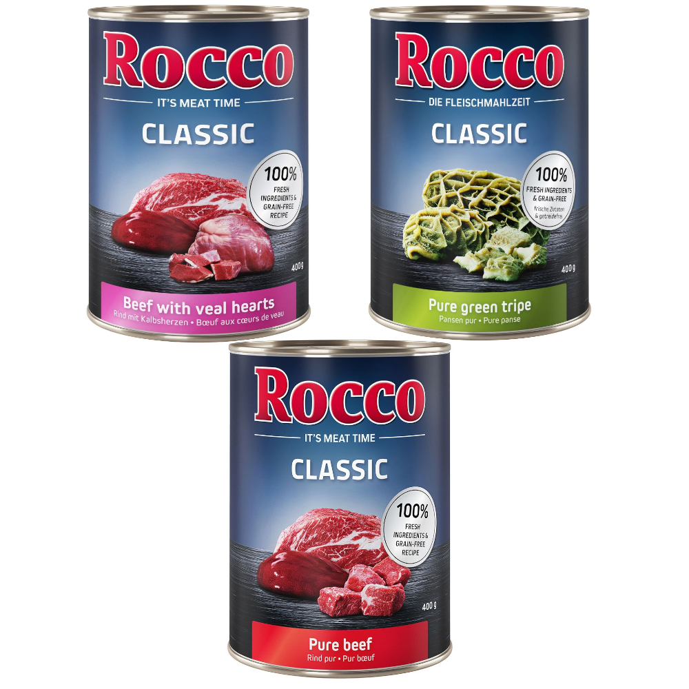 15% Rabatt! Rocco Classic Mixpakete 6 x 400 g oder Rocco Chings zum Probierpreis! - Rind-Mix 6 x 400 g: Rind pur, Rind/Kalbsherz, Rind/Pansen von Rocco