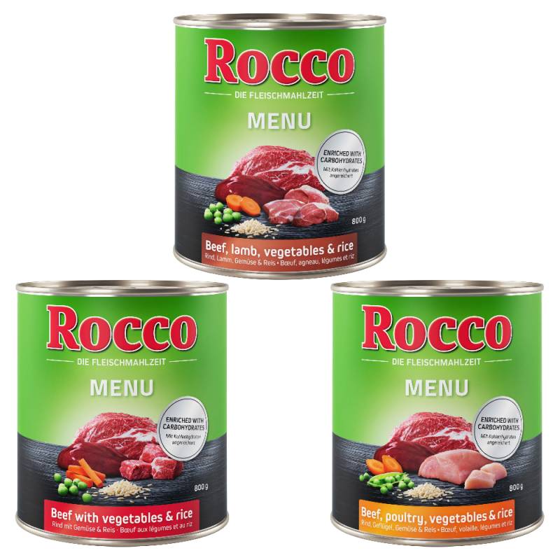 20 + 4 gratis Sparpaket Rocco Menü & World Trip 24 x 800 g - Menü Mix: Rind, Rind mit Lamm & Rind mit Geflügel von Rocco