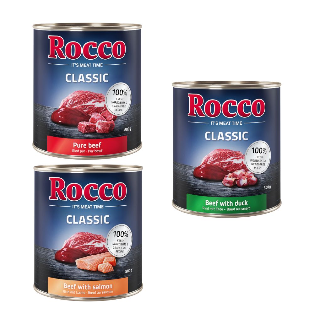 22 + 2 gratis! Rocco Classic Probiermix 24 x 800 g  Exklusiv-Mix: Rind pur, Rind/Lachs, Rind/Ente von Rocco