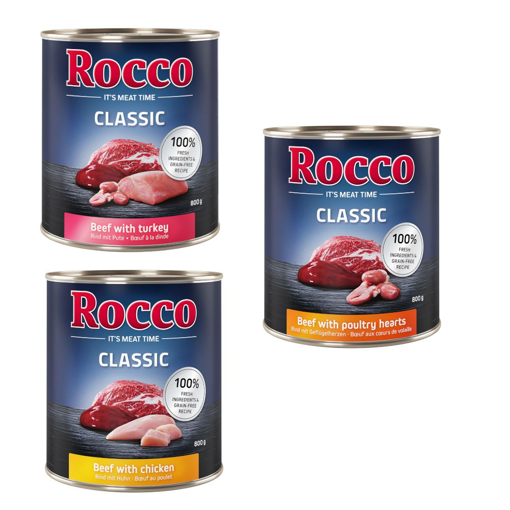 22 + 2 gratis! Rocco Classic Probiermix 24 x 800 g  Geflügel-Mix: Rind/Huhn, Rind/Geflügelherzen, Rind/Pute von Rocco