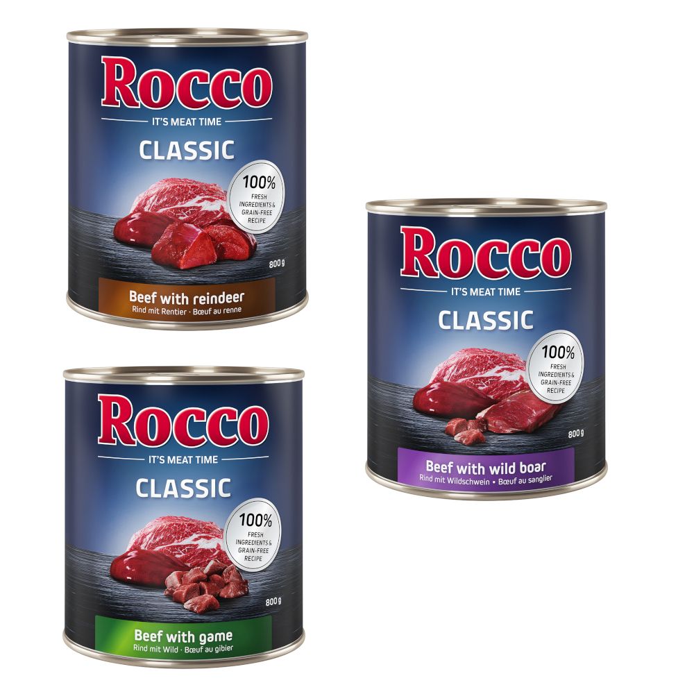 22 + 2 gratis! Rocco Classic Probiermix 24 x 800 g  Wild-Mix: Rind/Wild, Rind/Rentier, Rind/Wildschwein von Rocco