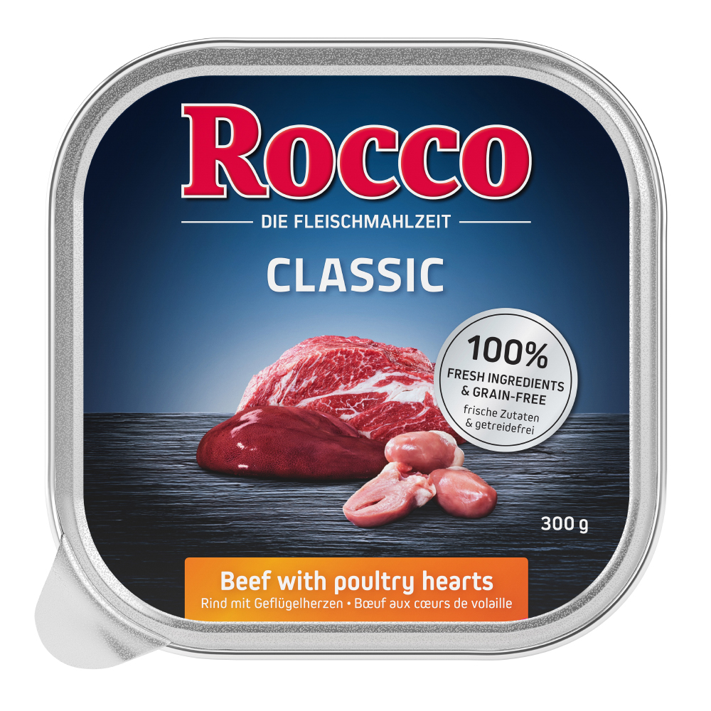 8 + 1 gratis! Rocco Classic oder Menü Schale 9 x 300 g - Classic Rind mit Geflügelherzen von Rocco