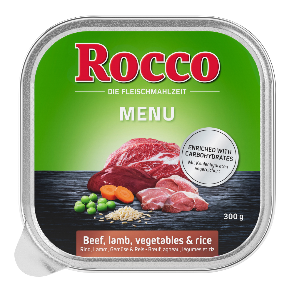 8 + 1 gratis! Rocco Classic oder Menü Schale 9 x 300 g - Menü Rind mit Lamm, Gemüse & Reis von Rocco