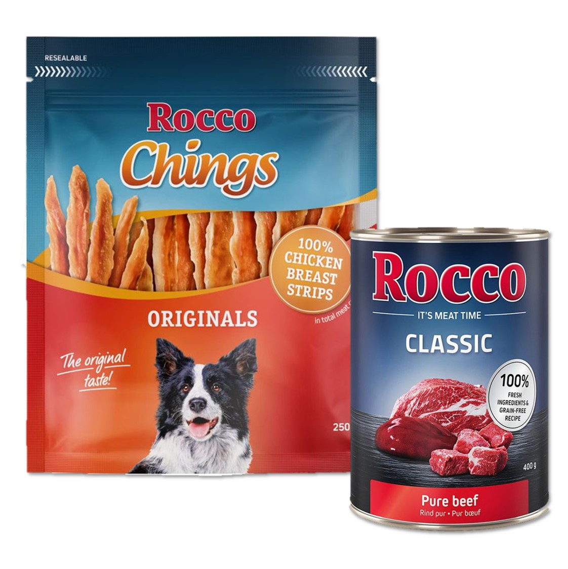 Kombi-Deals: 15% Rabatt auf Rocco Classic & Chings! Kombi 1: Rocco Classic Rind 6x400g + Chings Hühnerbrust in Streifen (250 g) von Rocco