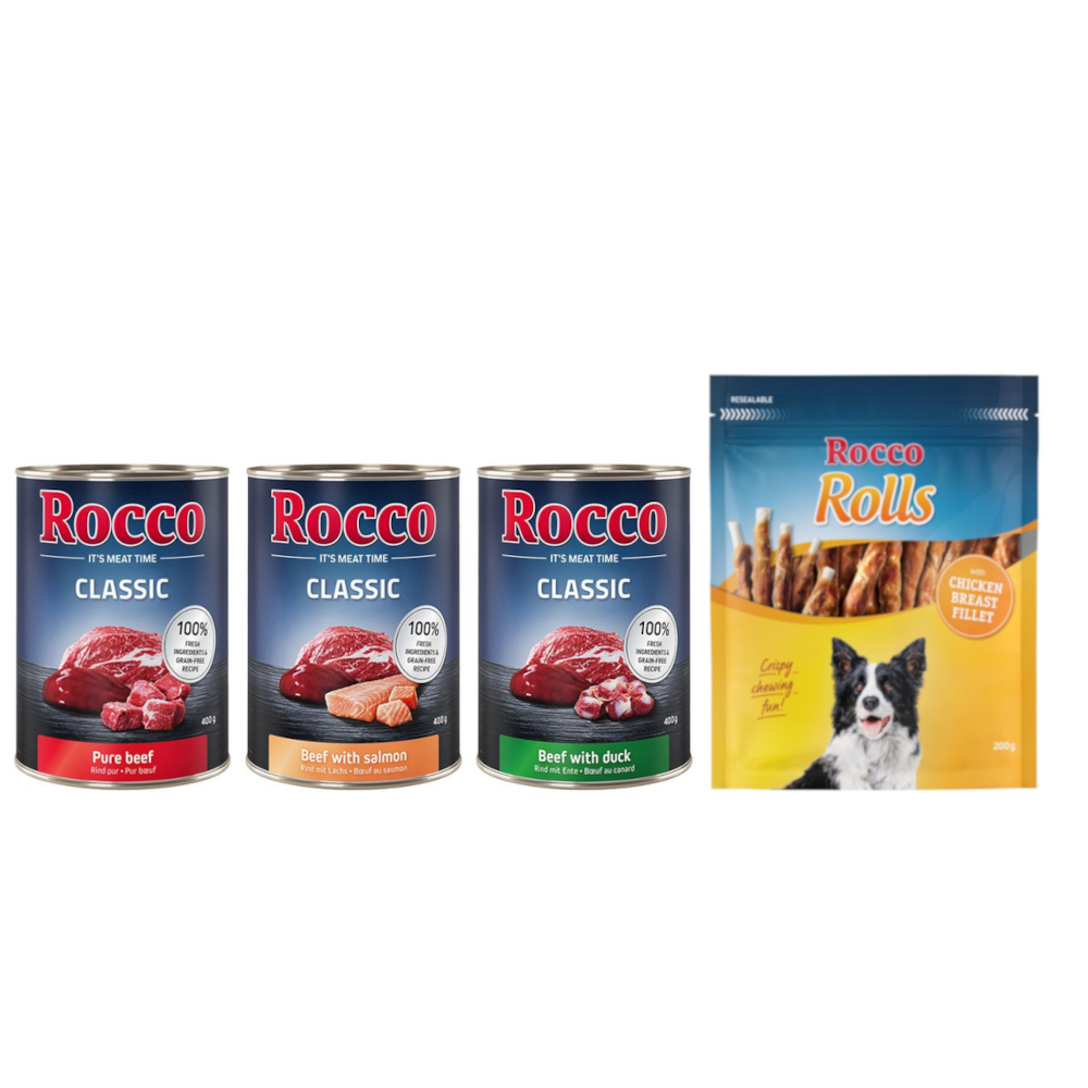 Kombi-Paket: Rocco Classic Probiermix Nassfutter + Rolls Snack - 24 x 400 g Exklusiv-Mix: Rind pur, Rind/Lachs, Rind/Ente + 3 x 200 g Hühnerbrustfilet von Rocco